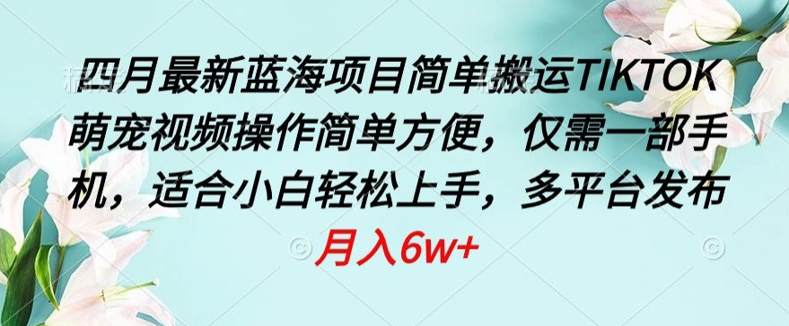 四月最新蓝海项目，简单搬运TIKTOK萌宠视频，操作简单方便，仅需一部手机【揭秘】-源码交易网