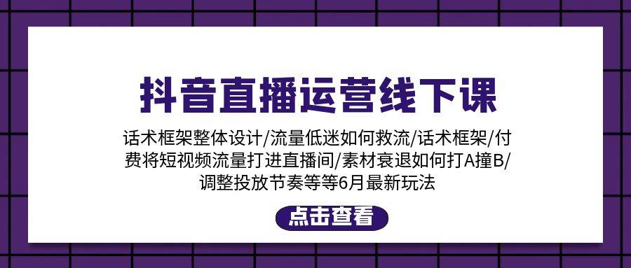 抖音直播运营线下课：话术框架/付费流量直播间/素材A撞B/等6月新玩法-源码交易网